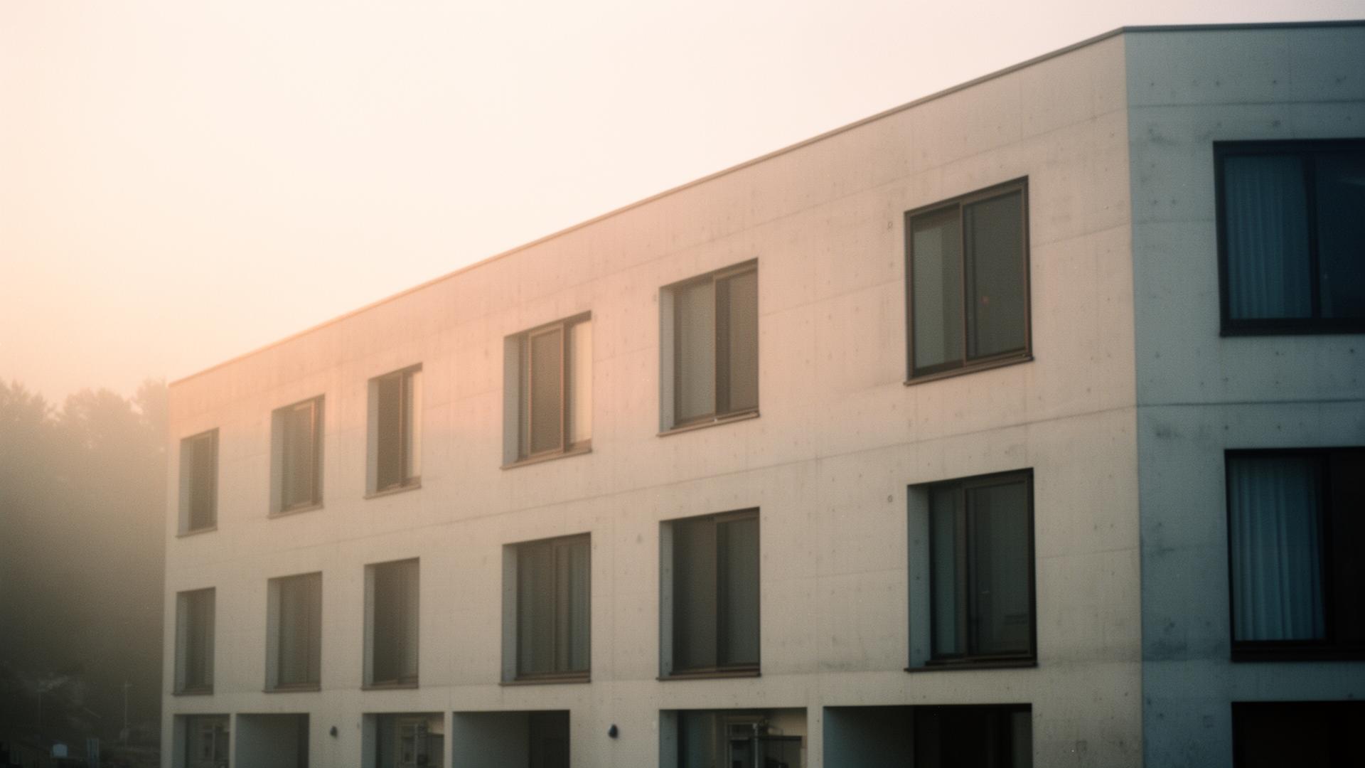 Framework 204 concrete facade at dusk